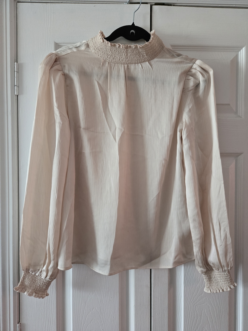 Express Cream Smocked High-Neck Long Sleeve Blouse